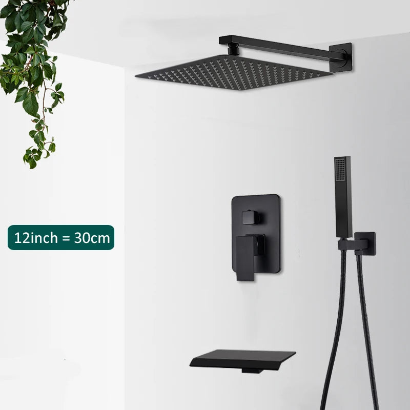 Sistema de ducha empotrado negro de 4 funciones con rociador efecto lluvia, ducha de mano y monomando para agua fría y caliente