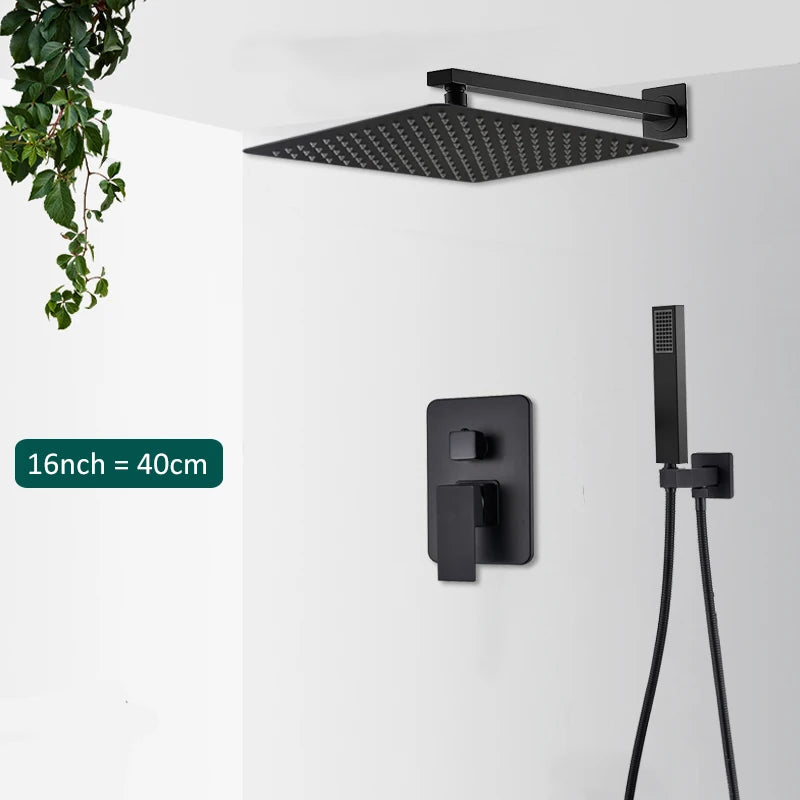 Sistema de ducha empotrado negro de 4 funciones con rociador efecto lluvia, ducha de mano y monomando para agua fría y caliente