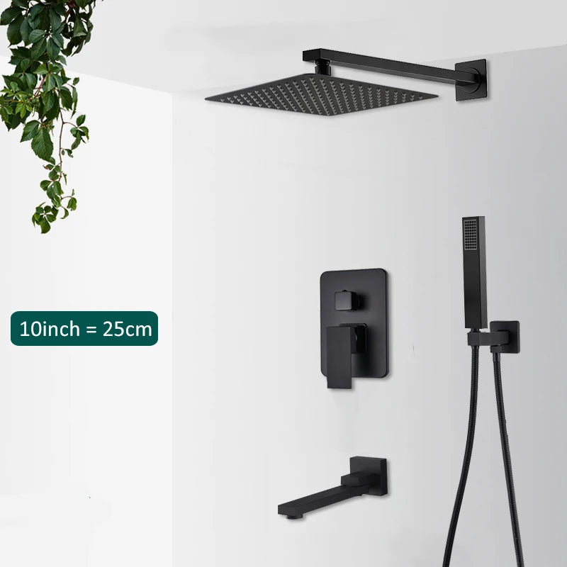 Sistema de ducha empotrado negro de 4 funciones con rociador efecto lluvia, ducha de mano y monomando para agua fría y caliente