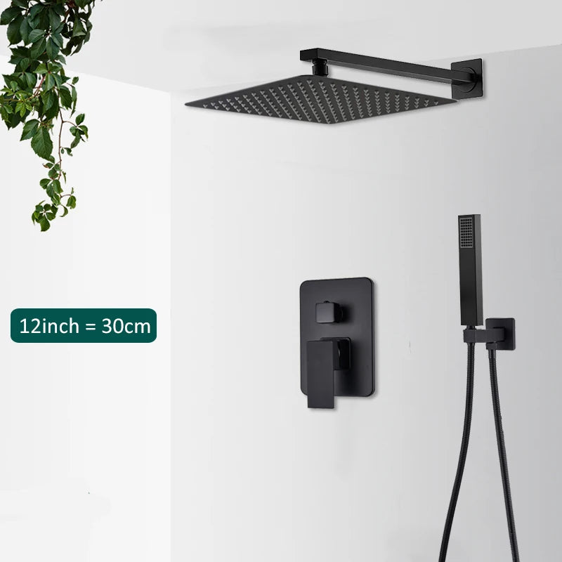 Sistema de ducha empotrado negro de 4 funciones con rociador efecto lluvia, ducha de mano y monomando para agua fría y caliente