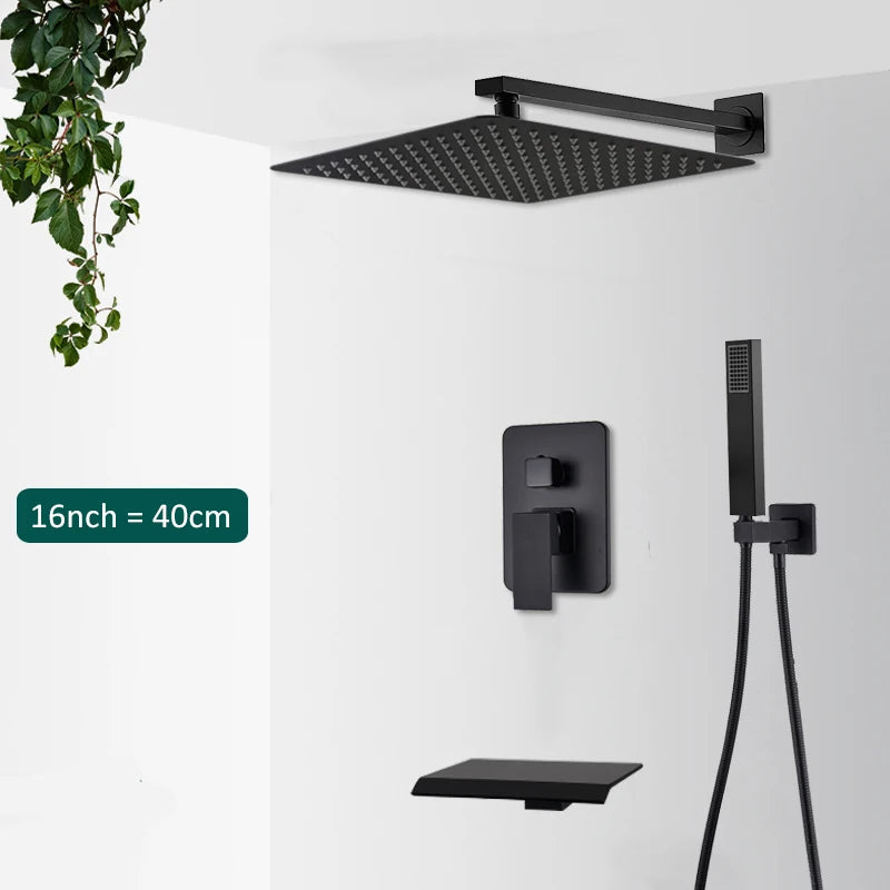 Sistema de ducha empotrado negro de 4 funciones con rociador efecto lluvia, ducha de mano y monomando para agua fría y caliente