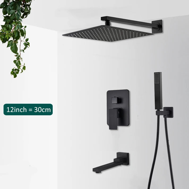 Sistema de ducha empotrado negro de 4 funciones con rociador efecto lluvia, ducha de mano y monomando para agua fría y caliente