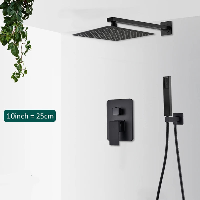 Sistema de ducha empotrado negro de 4 funciones con rociador efecto lluvia, ducha de mano y monomando para agua fría y caliente