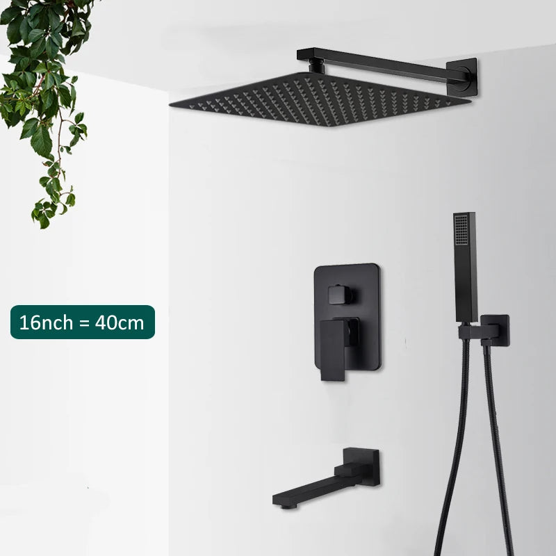 Sistema de ducha empotrado negro de 4 funciones con rociador efecto lluvia, ducha de mano y monomando para agua fría y caliente