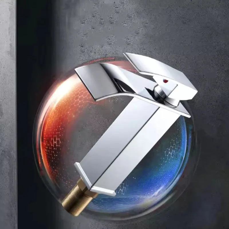 Grifo monomando para lavabo de acero inoxidable con efecto cascada para agua fría y caliente