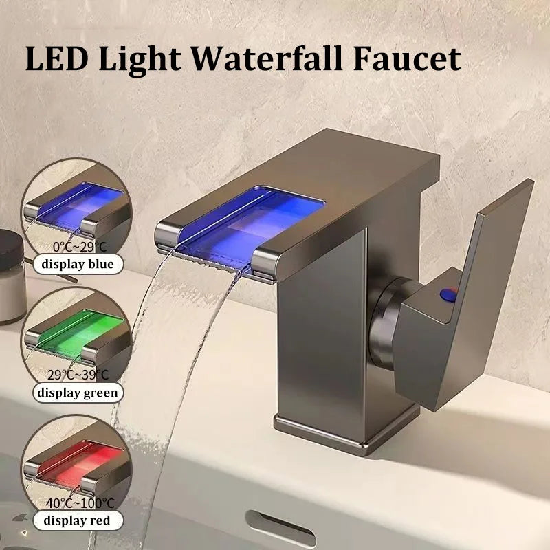 Grifo de Lavabo con Cascada LED de Acero Inoxidable – Agua Fría y Caliente