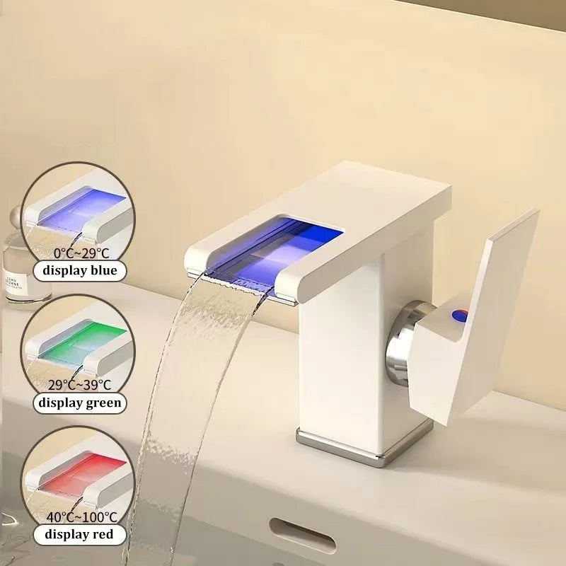 Grifo de Lavabo con Cascada LED de Acero Inoxidable – Agua Fría y Caliente