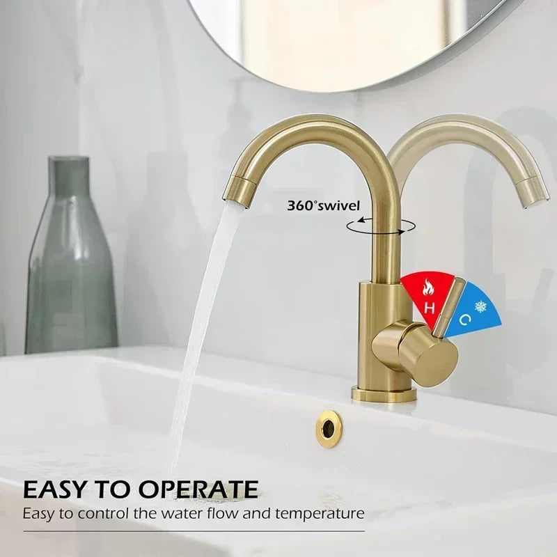Grifo de Lavabo Dorado de Lujo en Acero Inoxidable 304 para Agua Fría y Caliente