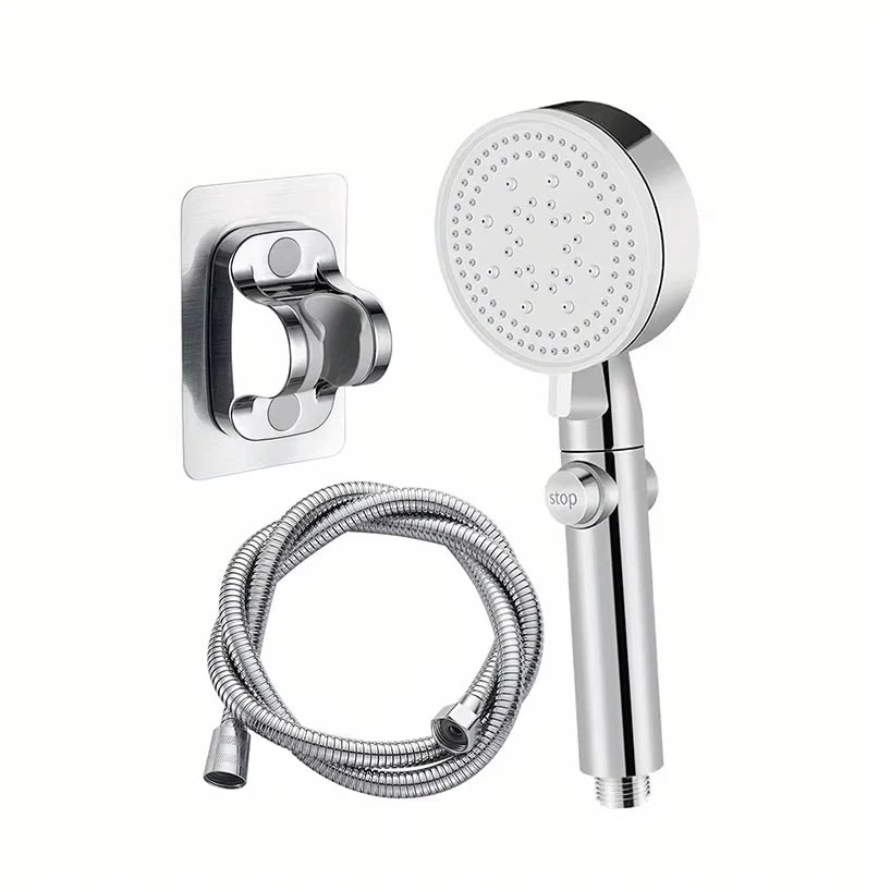 Cabezal de ducha de baño plateado ajustable, interruptor de parada de ducha de alta presión, ahorro de agua, manguera y soporte,