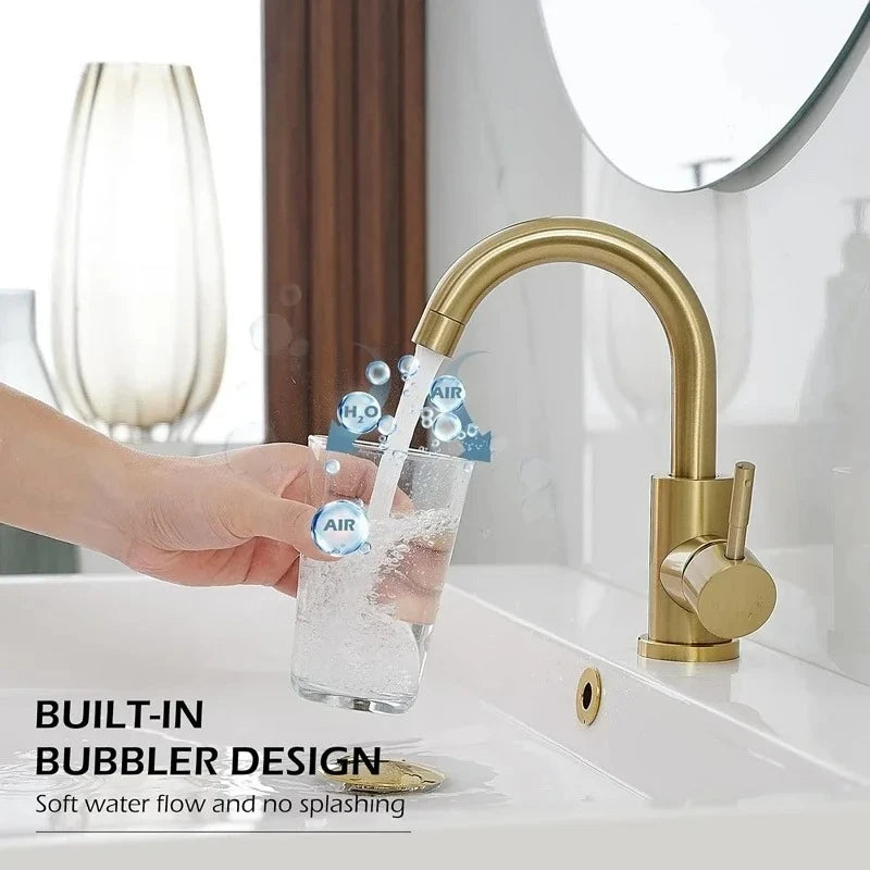 Grifo de Lavabo Dorado de Lujo en Acero Inoxidable 304 para Agua Fría y Caliente