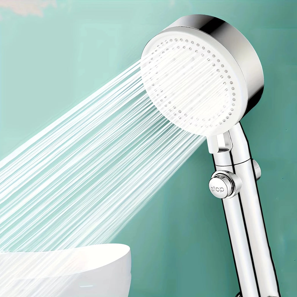 Cabezal de ducha de baño plateado ajustable, interruptor de parada de ducha de alta presión, ahorro de agua, manguera y soporte,