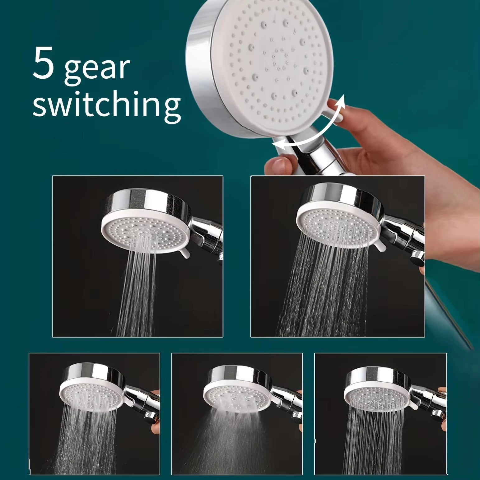 Cabezal de ducha de baño plateado ajustable, interruptor de parada de ducha de alta presión, ahorro de agua, manguera y soporte,