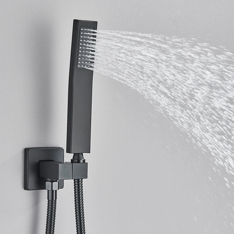 Sistema de ducha empotrado negro de 4 funciones con rociador efecto lluvia, ducha de mano y monomando para agua fría y caliente