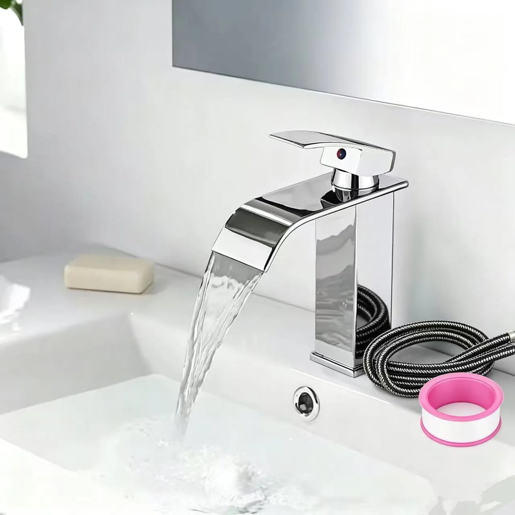 Robinet mitigeur cascade en acier inoxydable pour lavabo, avec eau chaude et froide