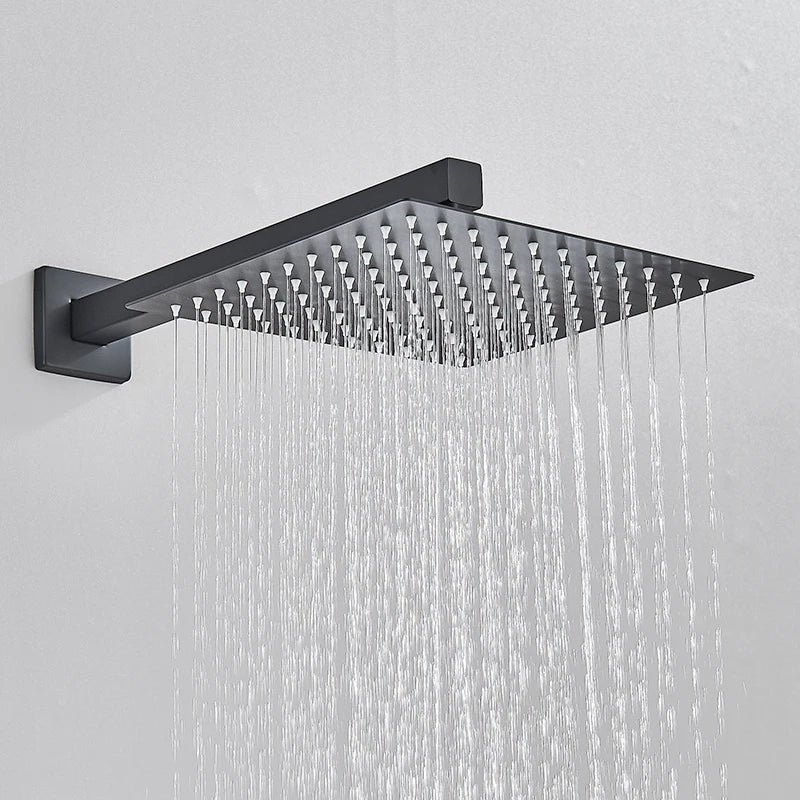 Sistema de ducha empotrado negro de 4 funciones con rociador efecto lluvia, ducha de mano y monomando para agua fría y caliente