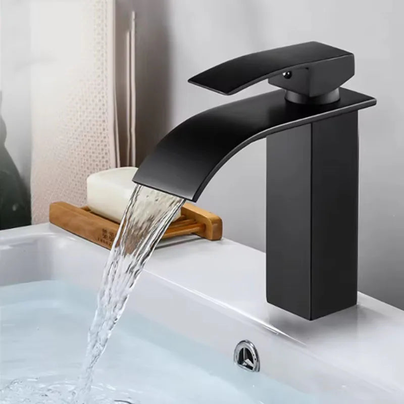 Grifo monomando para lavabo de acero inoxidable con efecto cascada para agua fría y caliente