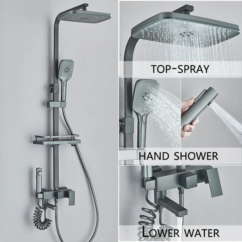 Sistema de ducha empotrado de 4 funciones con rociador efecto lluvia y monomando para agua fría y caliente
