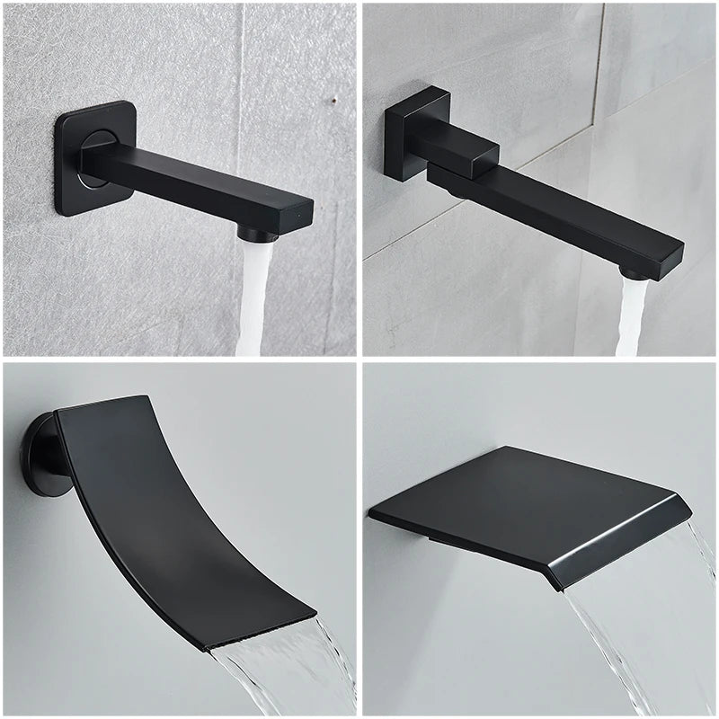 Sistema de ducha empotrado negro de 4 funciones con rociador efecto lluvia, ducha de mano y monomando para agua fría y caliente