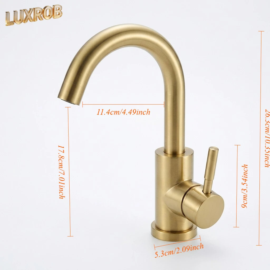 Grifo de Lavabo Dorado de Lujo en Acero Inoxidable 304 para Agua Fría y Caliente