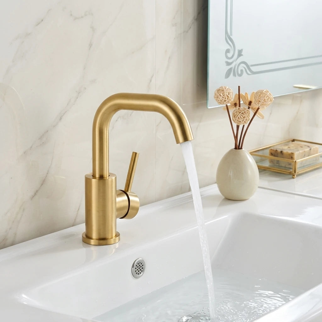 Grifo de Lavabo Dorado de Lujo en Acero Inoxidable 304 para Agua Fría y Caliente