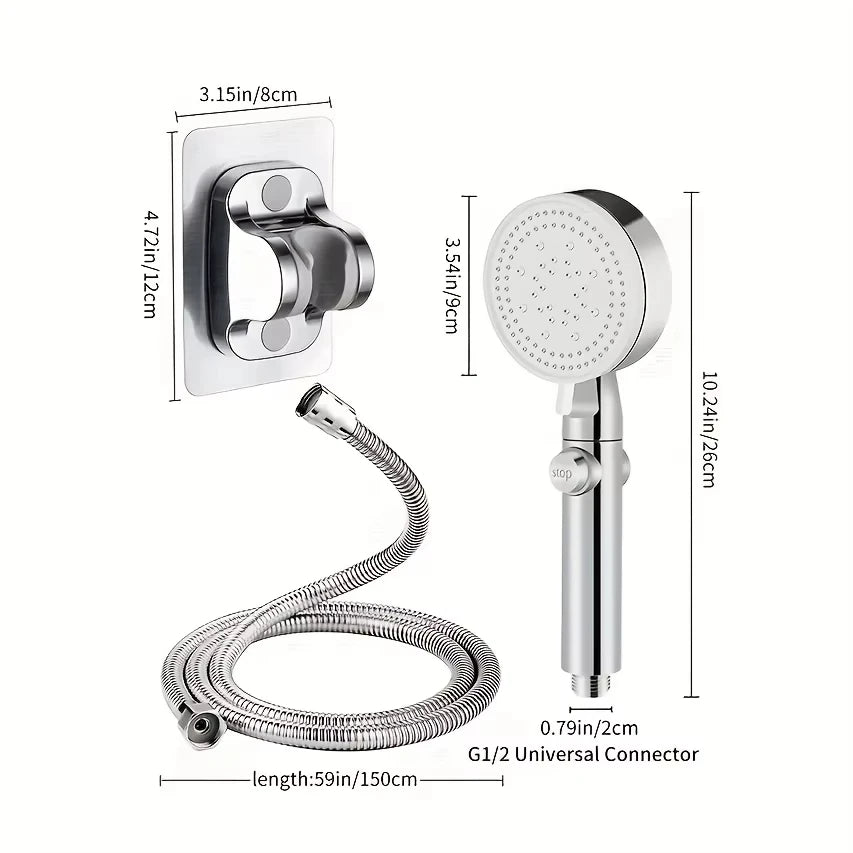 Cabezal de ducha de baño plateado ajustable, interruptor de parada de ducha de alta presión, ahorro de agua, manguera y soporte,