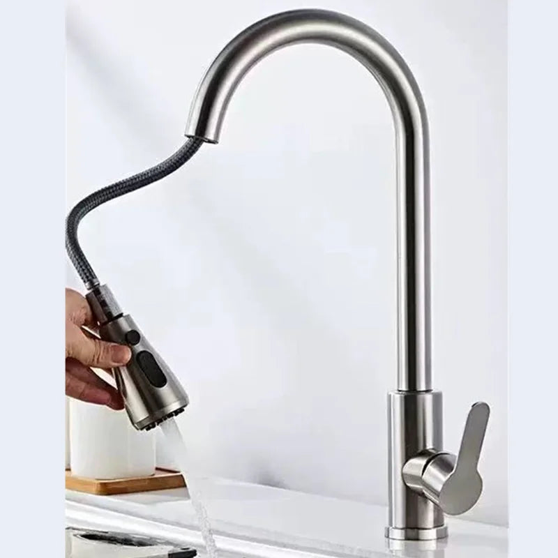 Grifo de cocina extraíble de acero inoxidable con ducha de doble chorro