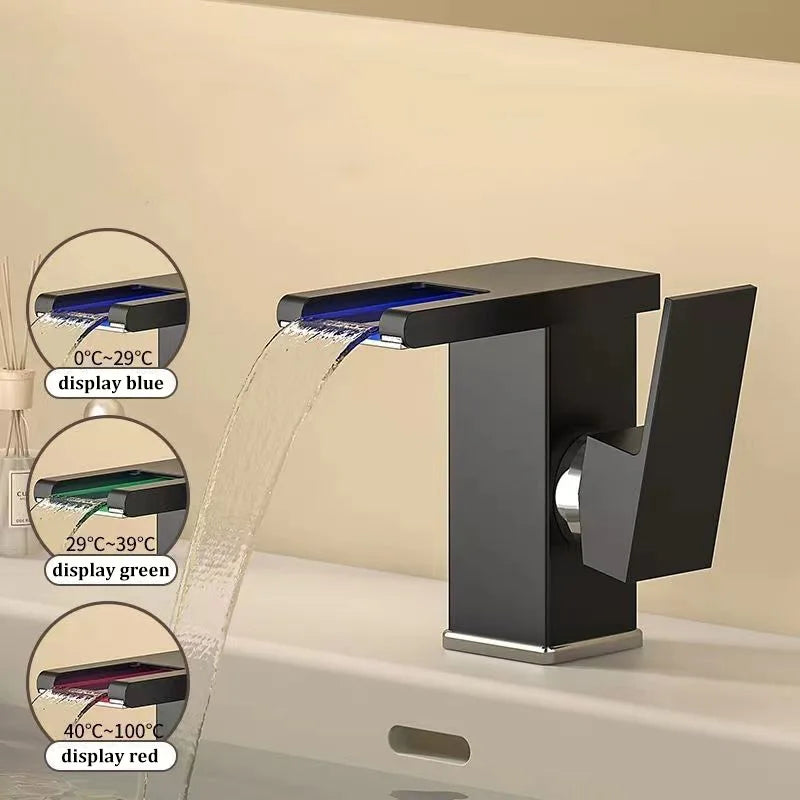 Grifo de Lavabo con Cascada LED de Acero Inoxidable – Agua Fría y Caliente
