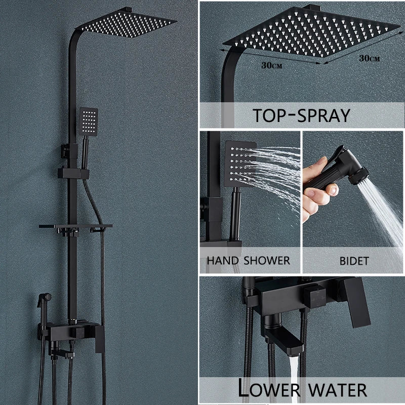 Sistema de ducha empotrado de 4 funciones con rociador efecto lluvia y monomando para agua fría y caliente