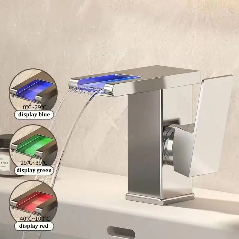 Grifo de Lavabo con Cascada LED de Acero Inoxidable – Agua Fría y Caliente