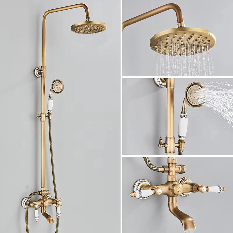 Sistema de ducha retro de latón antiguo con rociador efecto lluvia y ducha de mano