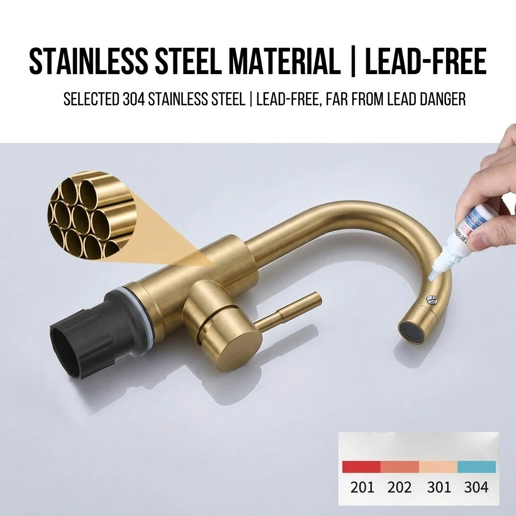 Grifo de Lavabo Dorado de Lujo en Acero Inoxidable 304 para Agua Fría y Caliente