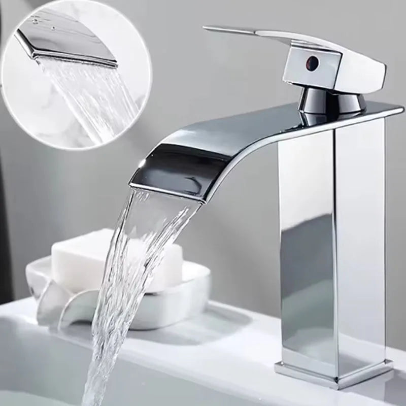 Grifo monomando para lavabo de acero inoxidable con efecto cascada para agua fría y caliente