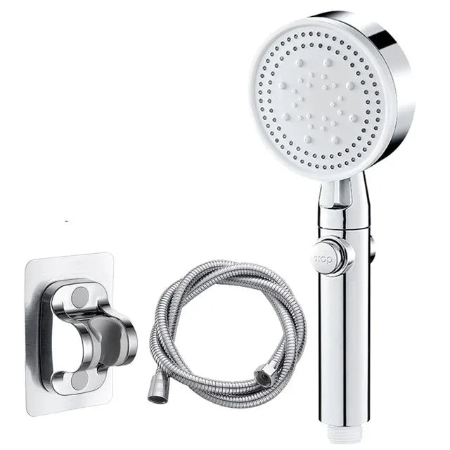 Cabezal de ducha de baño plateado ajustable, interruptor de parada de ducha de alta presión, ahorro de agua, manguera y soporte,
