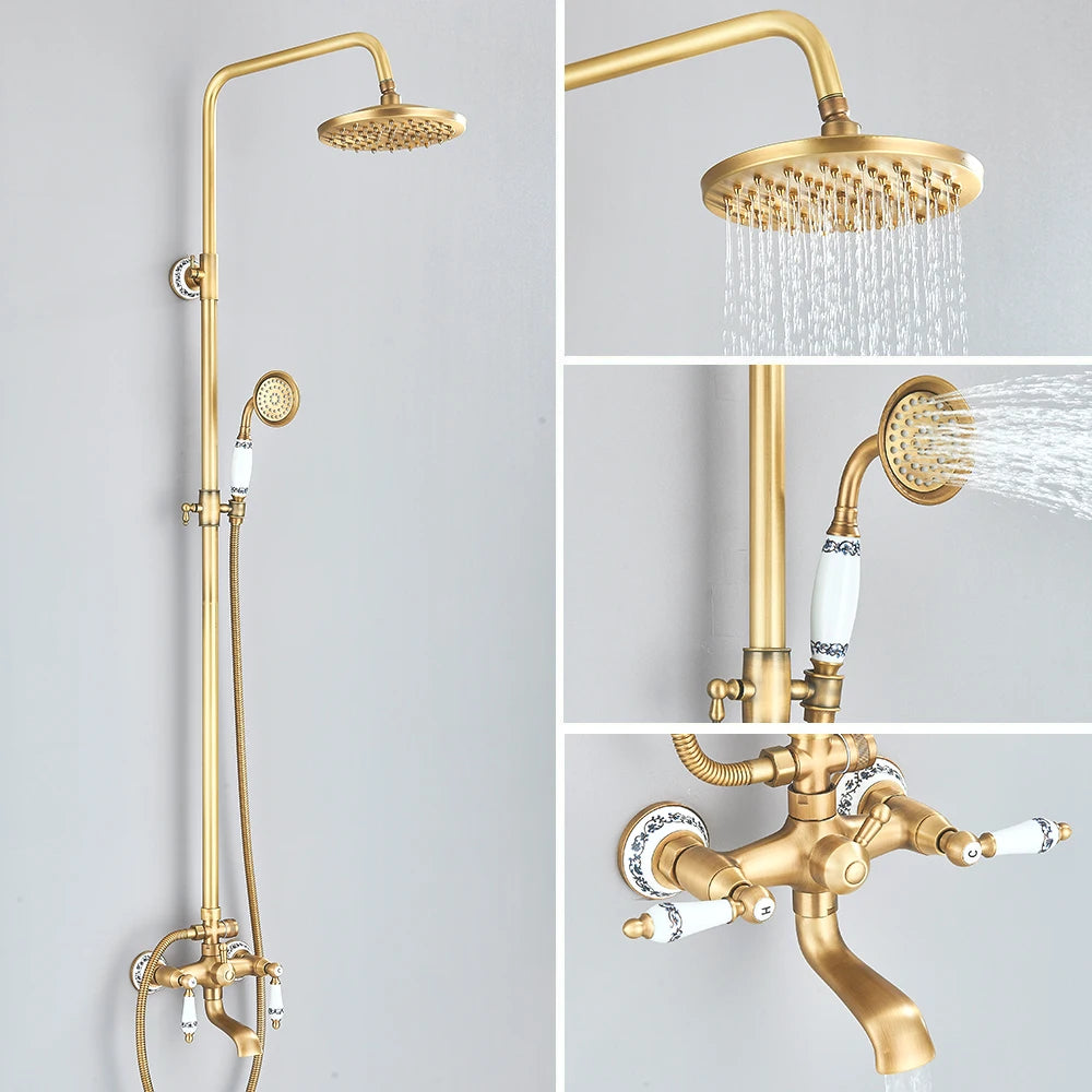 Sistema de ducha retro de latón antiguo con rociador efecto lluvia y ducha de mano