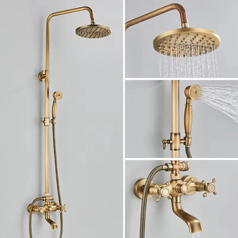 Sistema de ducha retro de latón antiguo con rociador efecto lluvia y ducha de mano