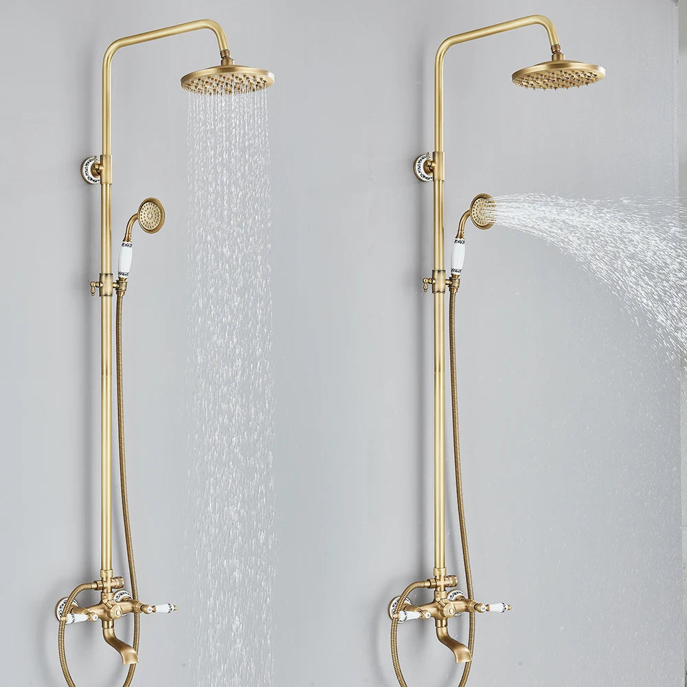 Sistema de ducha retro de latón antiguo con rociador efecto lluvia y ducha de mano