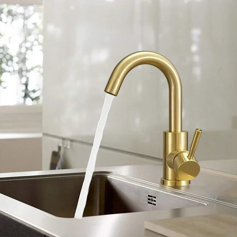 Grifo de Lavabo Dorado de Lujo en Acero Inoxidable 304 para Agua Fría y Caliente
