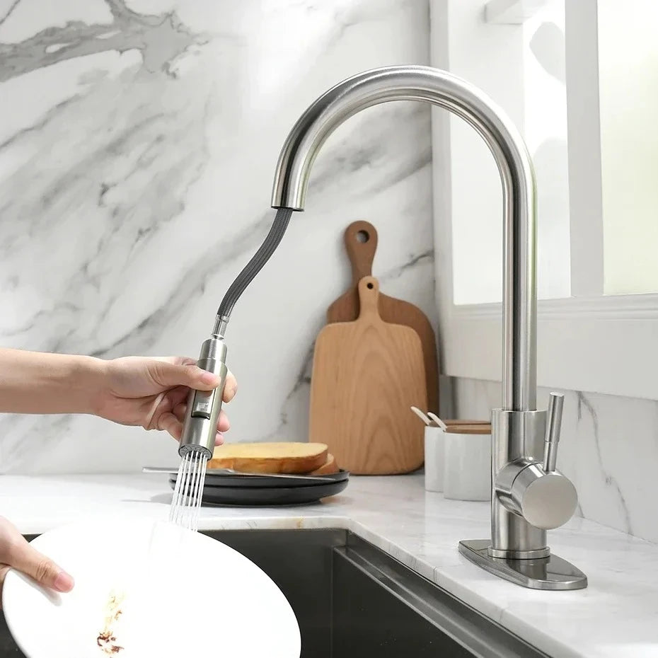 Grifo Monomando para Lavabo Plateado de Acero Inoxidable – Agua Fría y Caliente