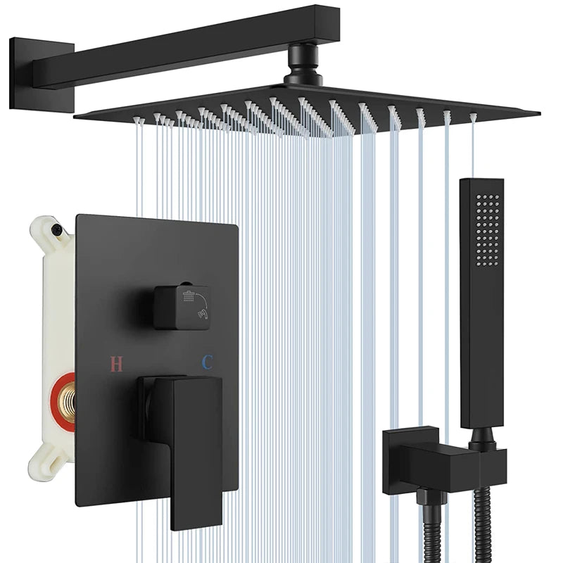 Sistema de ducha empotrado negro de 4 funciones con rociador efecto lluvia, ducha de mano y monomando para agua fría y caliente