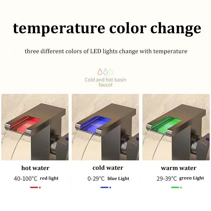 Grifo de Lavabo con Cascada LED de Acero Inoxidable – Agua Fría y Caliente