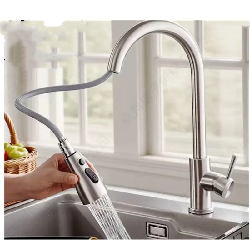 Grifo de cocina extraíble de acero inoxidable con ducha de doble chorro